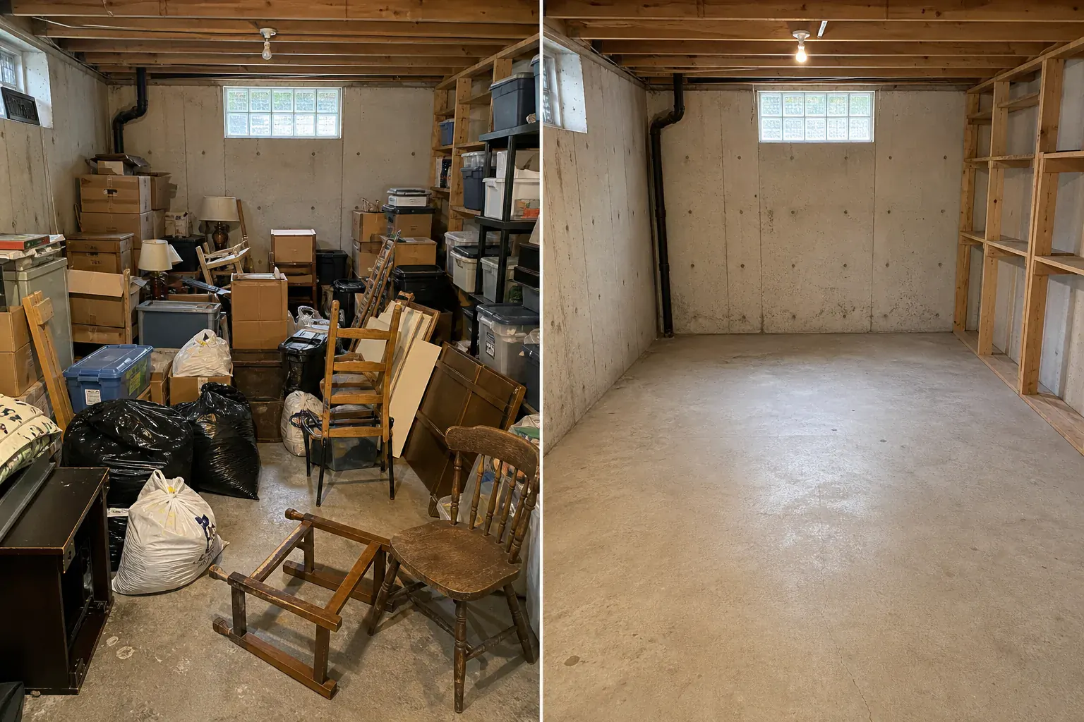 Basement filled with items to remove, then cleared after junk removal.