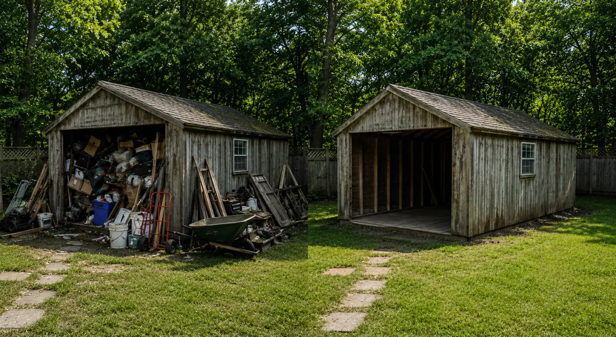 Cluttered shed cleared after a junk removal service.