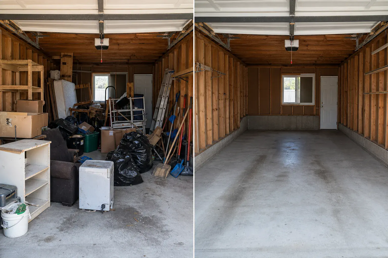 Cluttered residential garage cleared after a professional junk removal service.