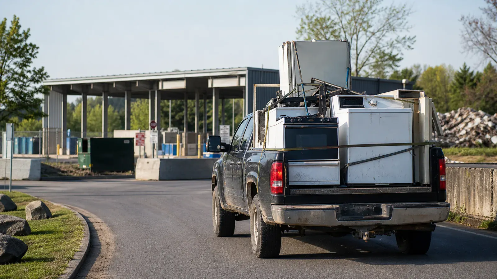 Pickup truck transporting appliances to a disposal centre.