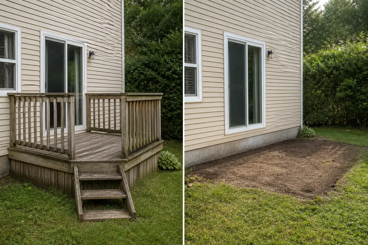 Before and after removal of a small wooden patio.