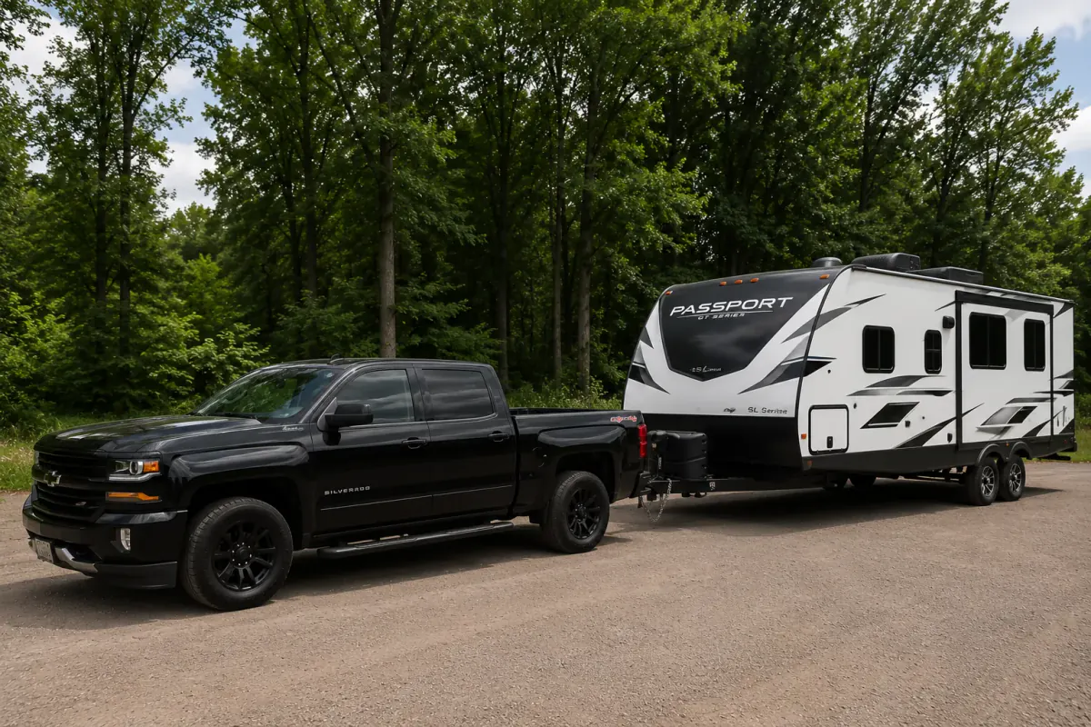 Pickup truck transporting a new RV on a flatbed trailer.