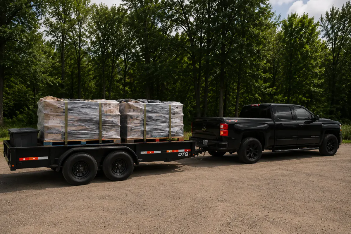Pickup truck carrying a cleanup load after an outdoor cleanout.