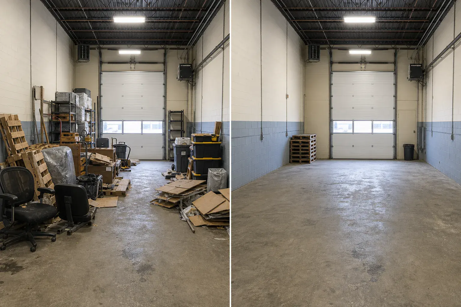 Commercial space cluttered with material, then cleared after pickup.